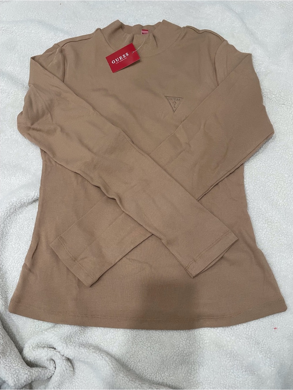 GUESS Ribbed Mock Neck Long Sleeve Top - Beige